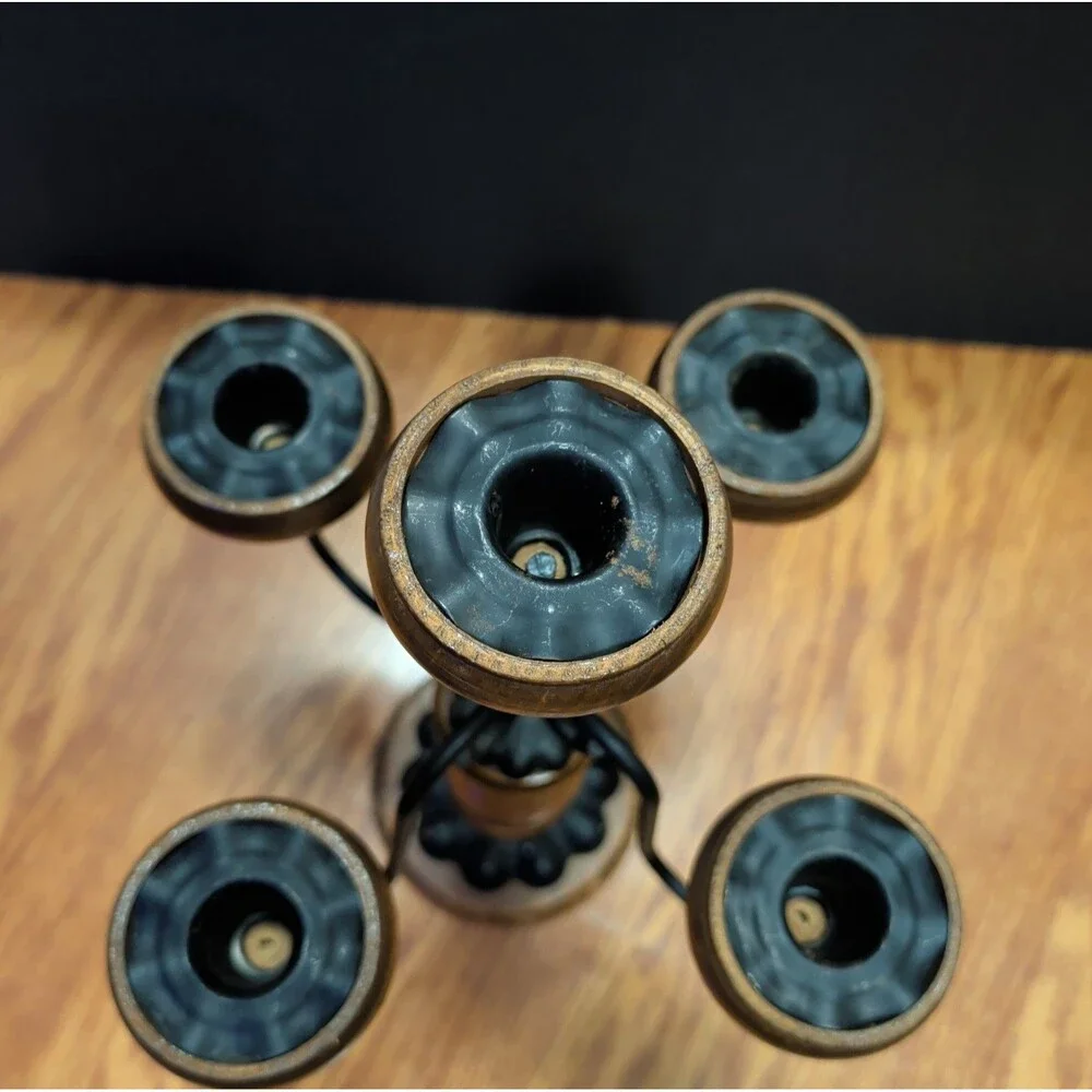Vintage Wood & Black Metal 5 Light Candelabra Farmhouse Taper Candle Holder 15